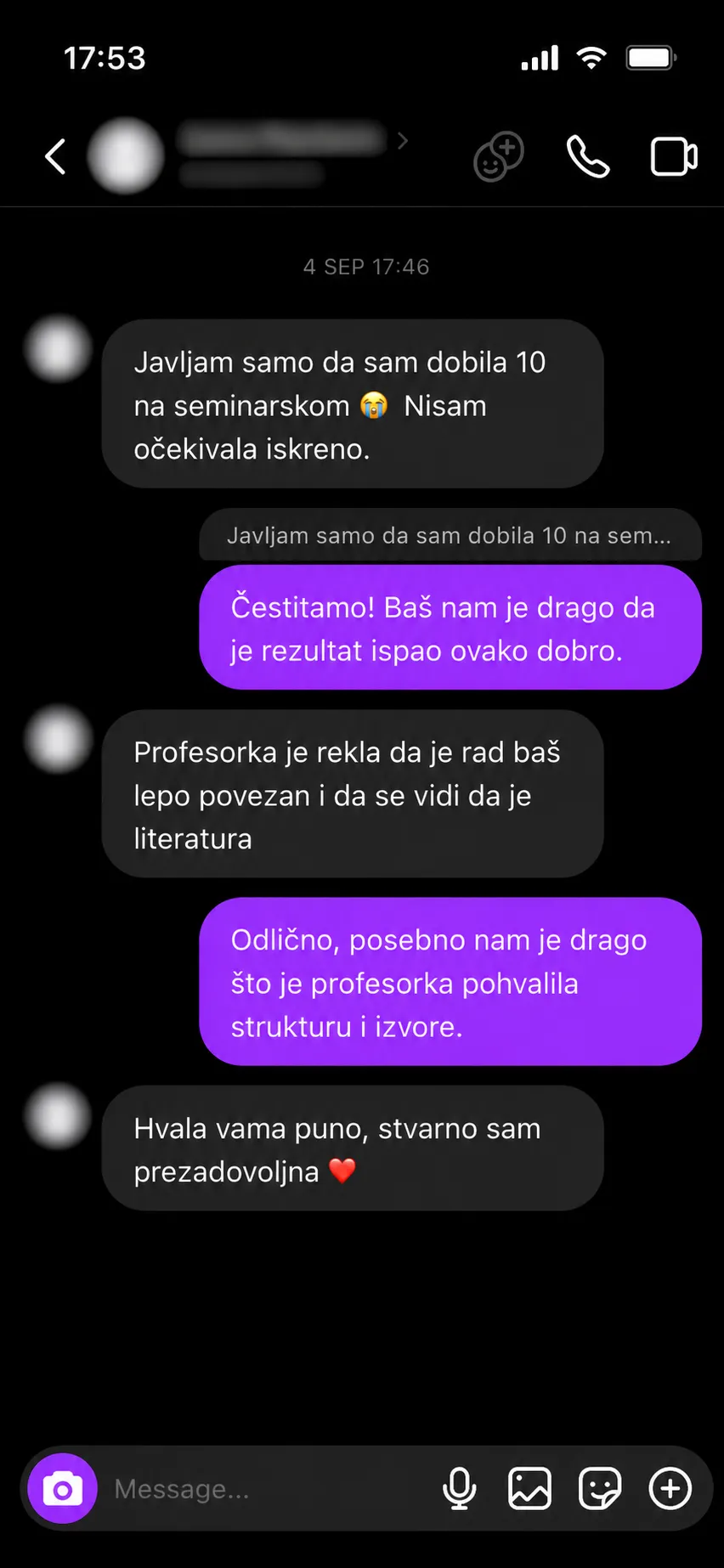 Poruka studentkinje koja je dobila ocenu 10 na seminarskom radu