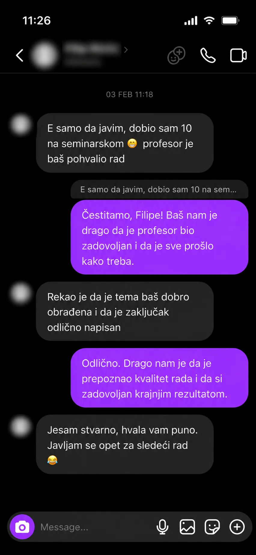 Poruka studenta koji je dobio ocenu 10 na seminarskom radu