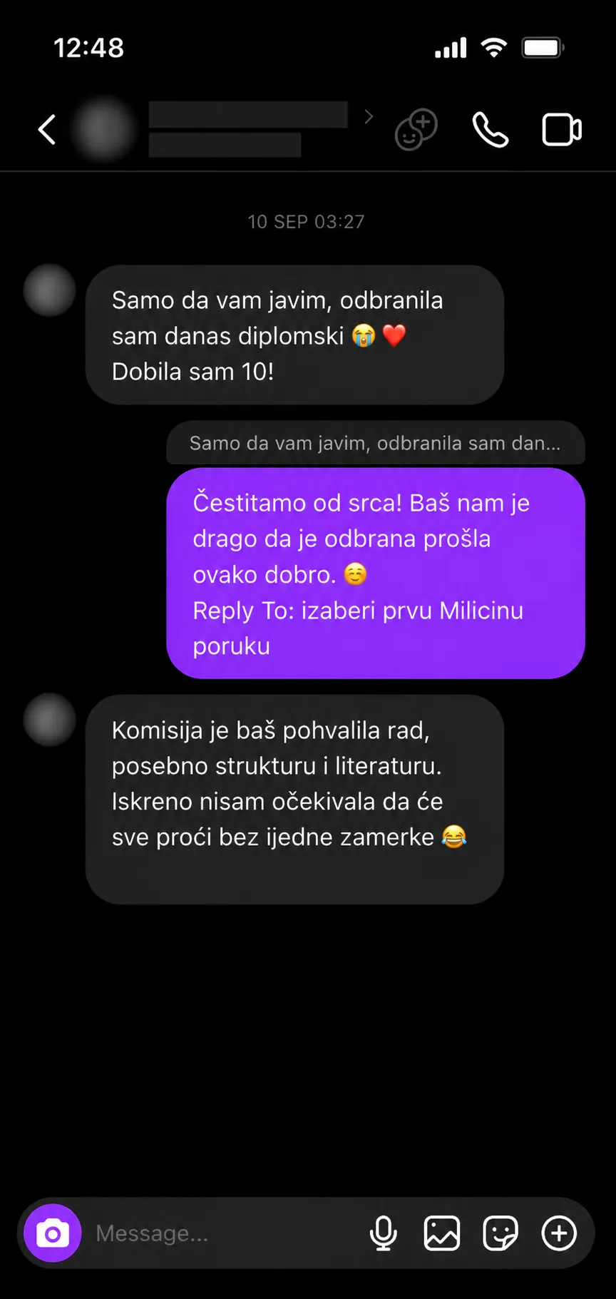 Poruka studentkinje koja je odbranila diplomski rad sa ocenom 10