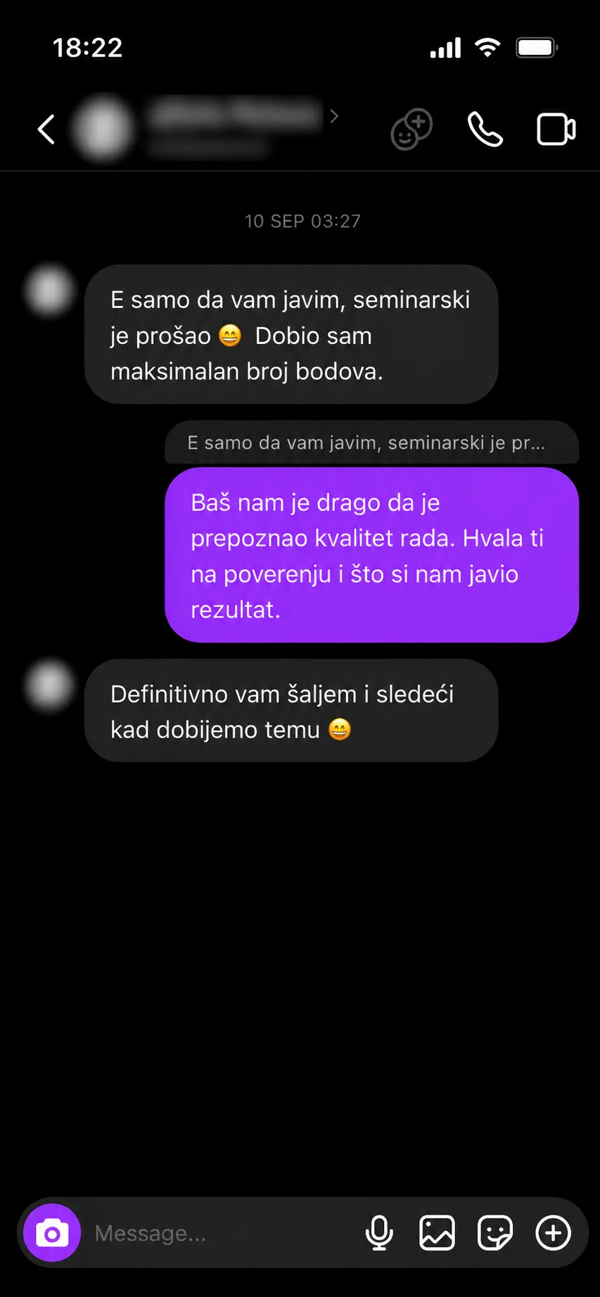 Poruka studenta koji je za seminarski rad dobio maksimalan broj bodova